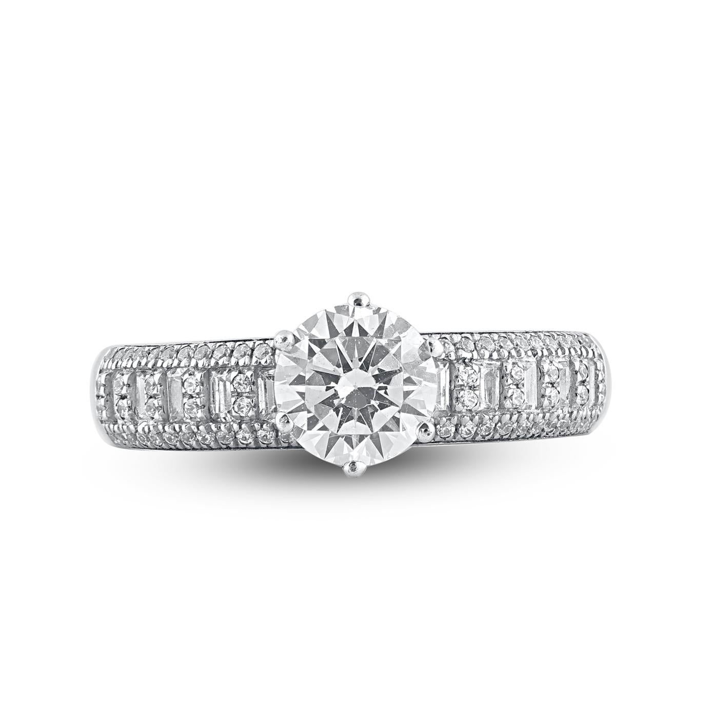Make a bold statement of love with this engagement ring. Beautifully crafted by our inhouse experts in 14 karat white gold and embellished with 93 brilliant cut, single cut round diamond and baguette cut diamonds set in prong, pave and channel