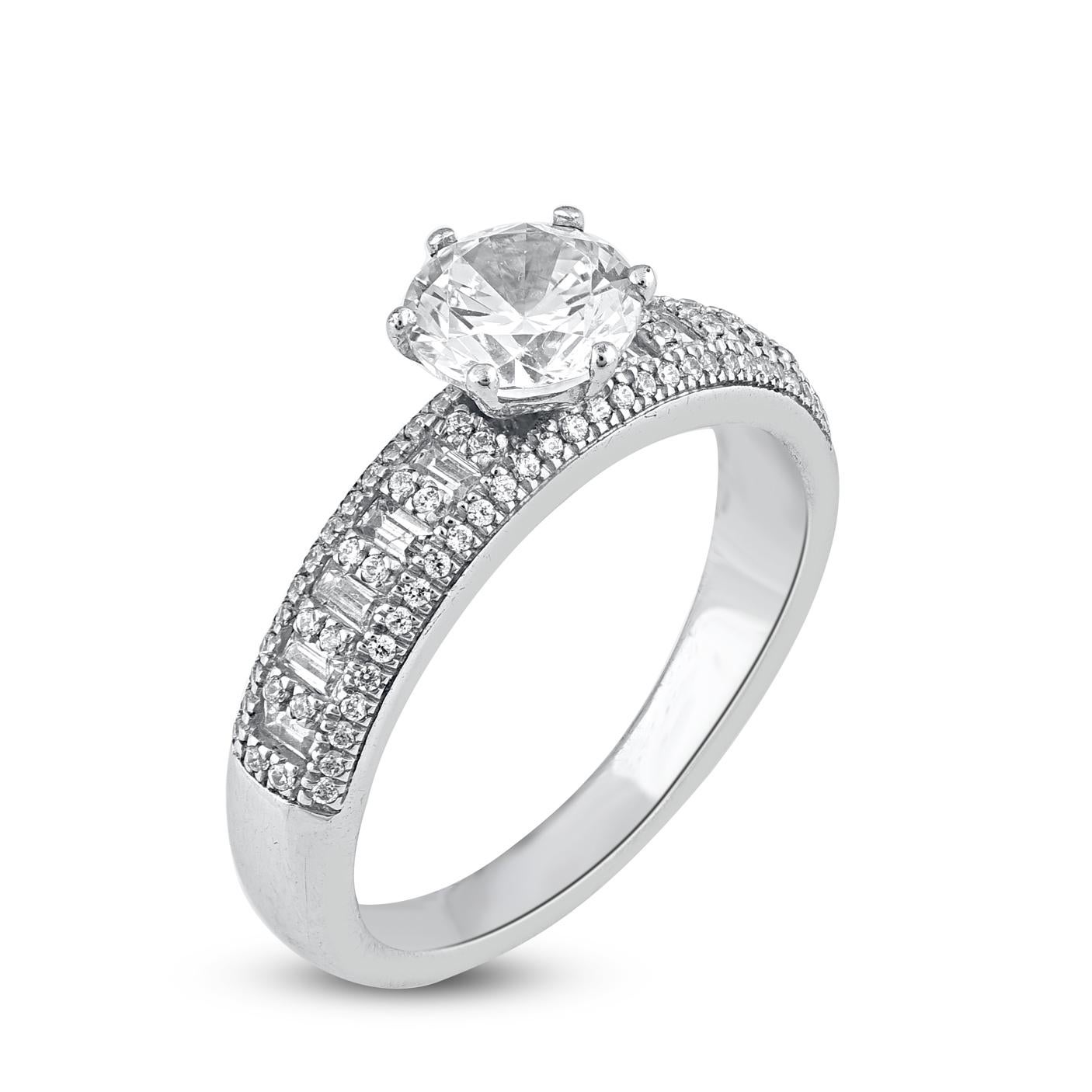 Contemporary TJD 1.50 Carat Round and Baguette Diamond 14KT White Gold Halo Engagement Ring For Sale