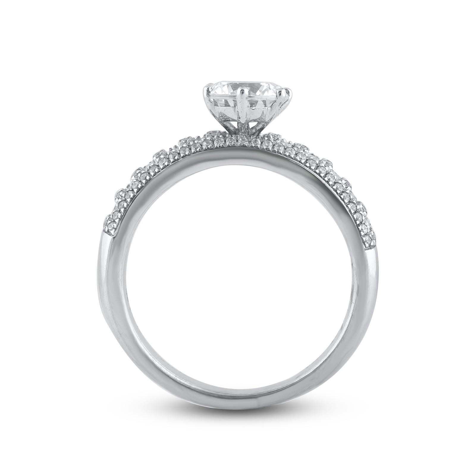 TJD 1.50 Carat Round and Baguette Diamond 14KT White Gold Halo Engagement Ring In New Condition For Sale In New York, NY