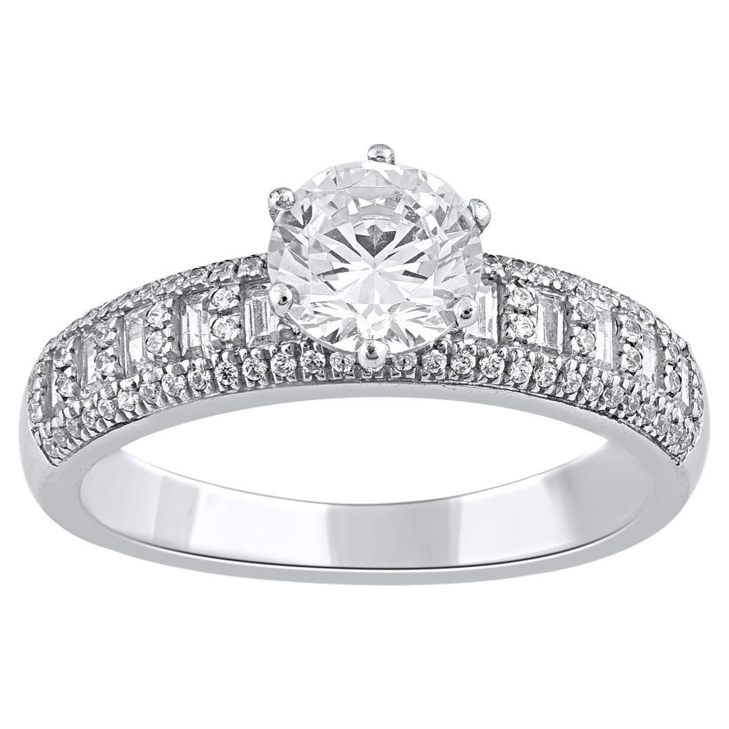 TJD 1.50 Carat Round and Baguette Diamond 14KT White Gold Halo Engagement Ring For Sale