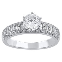 TJD 1.50 Carat Round and Baguette Diamond 14KT White Gold Halo Engagement Ring