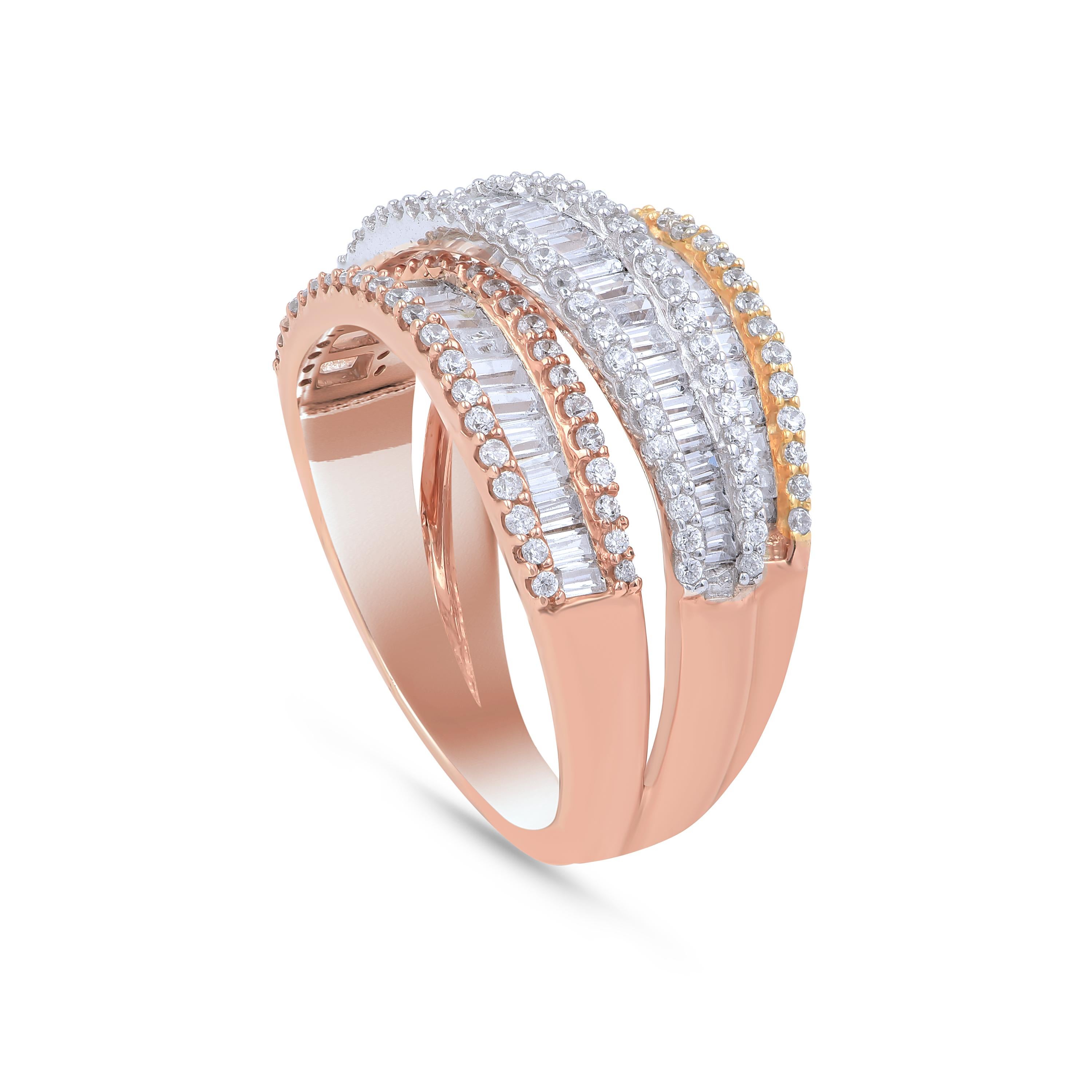 Modern TJD 1.50 Carat Round and Baguette Diamond 18 Karat Tricolor Gold Crossover Ring For Sale