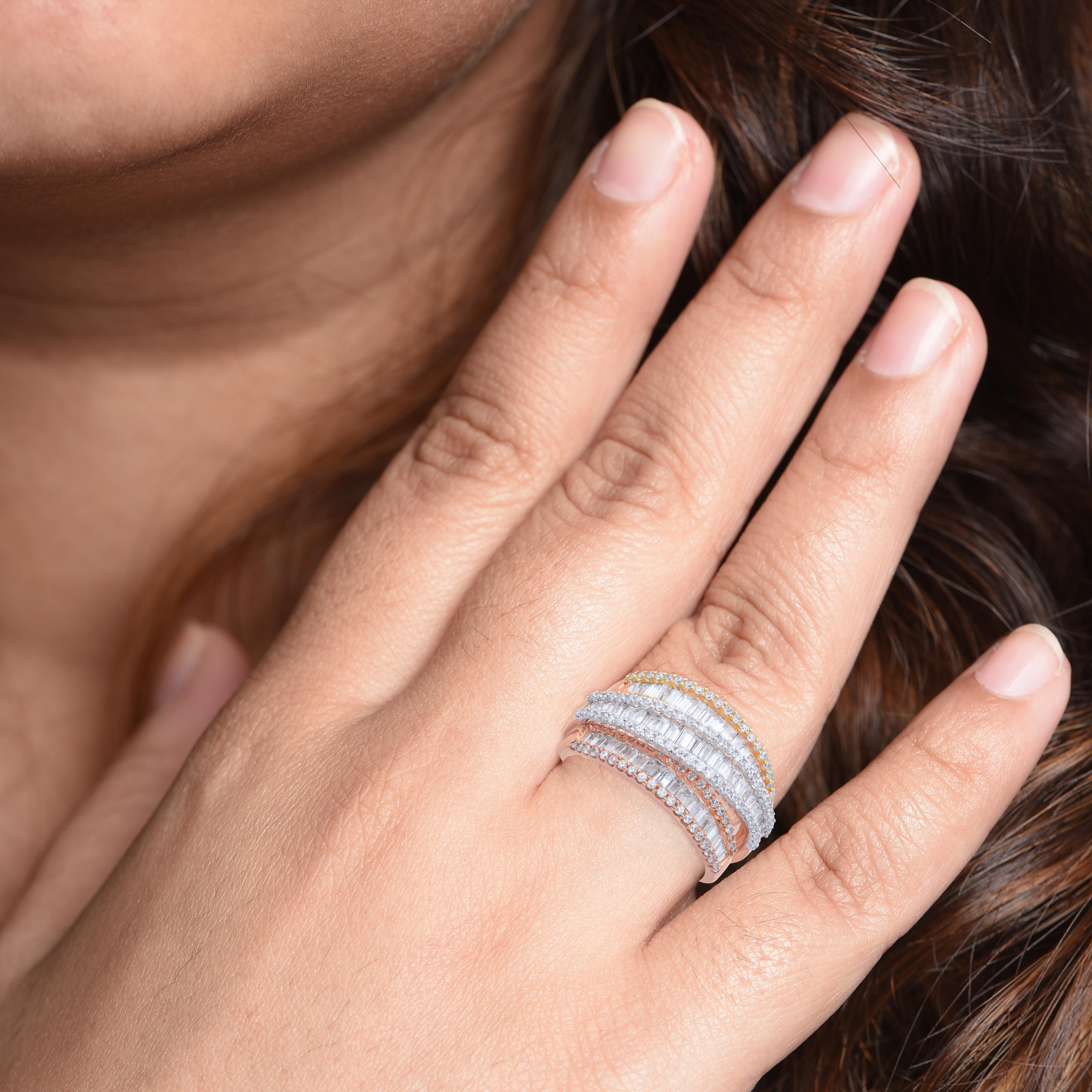 Round Cut TJD 1.50 Carat Round and Baguette Diamond 18 Karat Tricolor Gold Crossover Ring For Sale