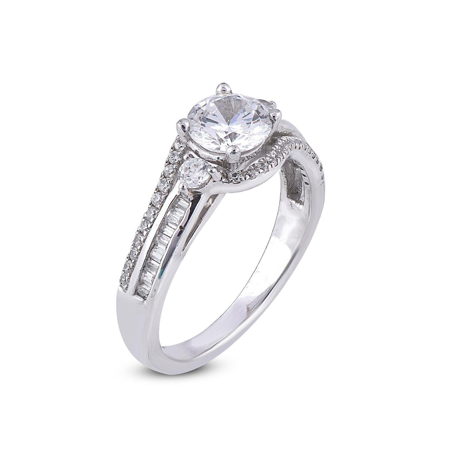 Truly exquisite, this entangled design 18 Karat white gold diamond engagement ring is sure to be admired for the inherent classic beauty and elegance within its design. This engagement ring features 1.00 ct of centre stone and 0.50 ct of shank lined