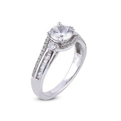 Anello di fidanzamento TJD con diamante rotondo e baguette da 1,50 carati in oro bianco 18 carati