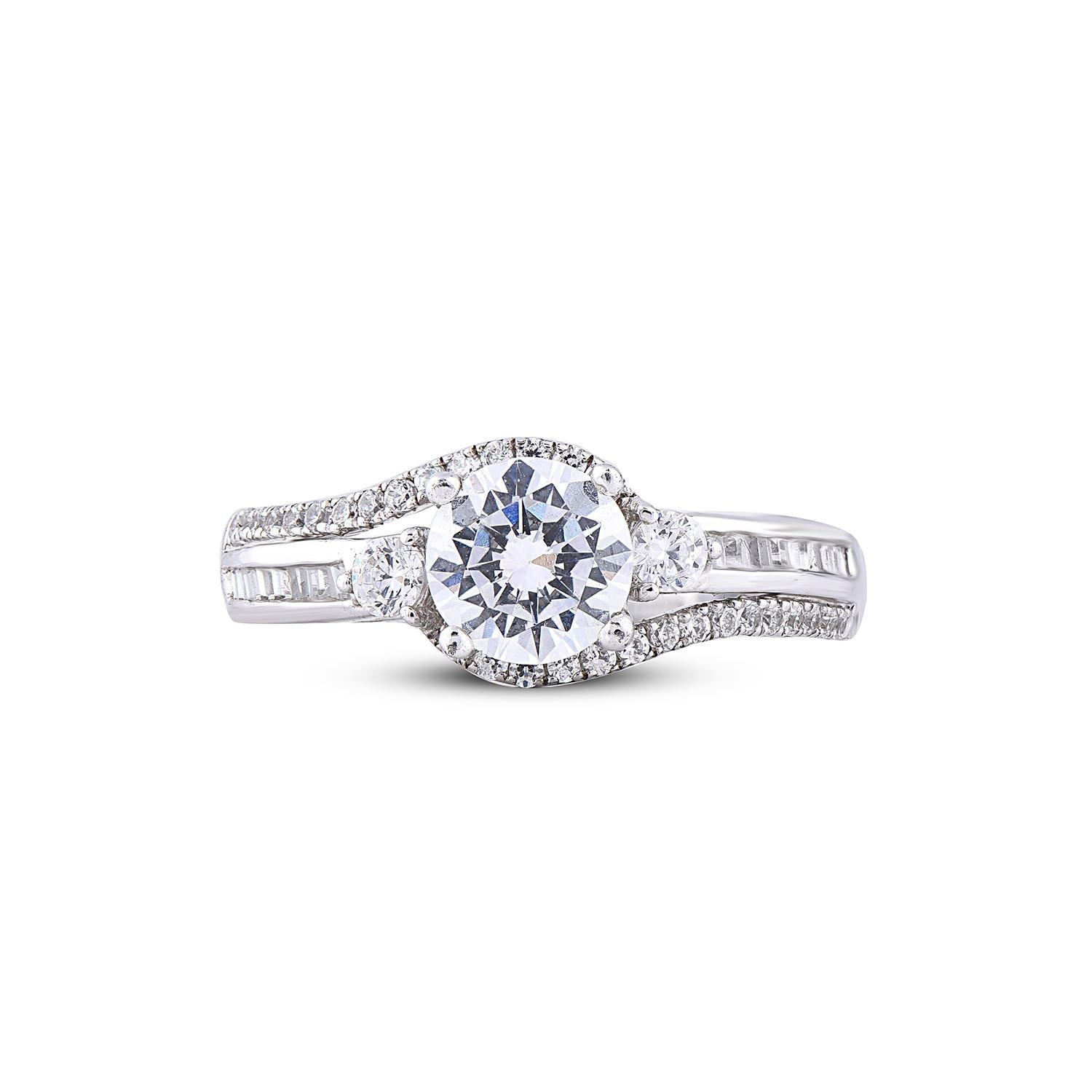 Contemporary TJD 1.50 Carat Round and Baguette Diamond 18 Karat White Gold Engagement Ring For Sale