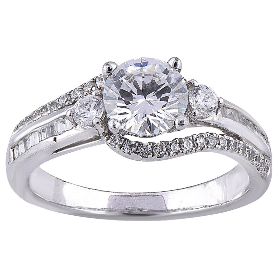 TJD 1.50 Carat Round and Baguette Diamond 18 Karat White Gold Engagement Ring