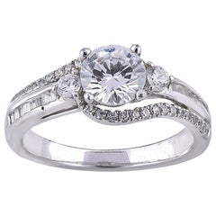 TJD 1.50 Carat Round and Baguette Diamond 18 Karat White Gold Engagement Ring