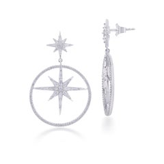 TJD 1.50 Carat Round and Baguette Diamond 18KT White Gold Bursting Star Earrings