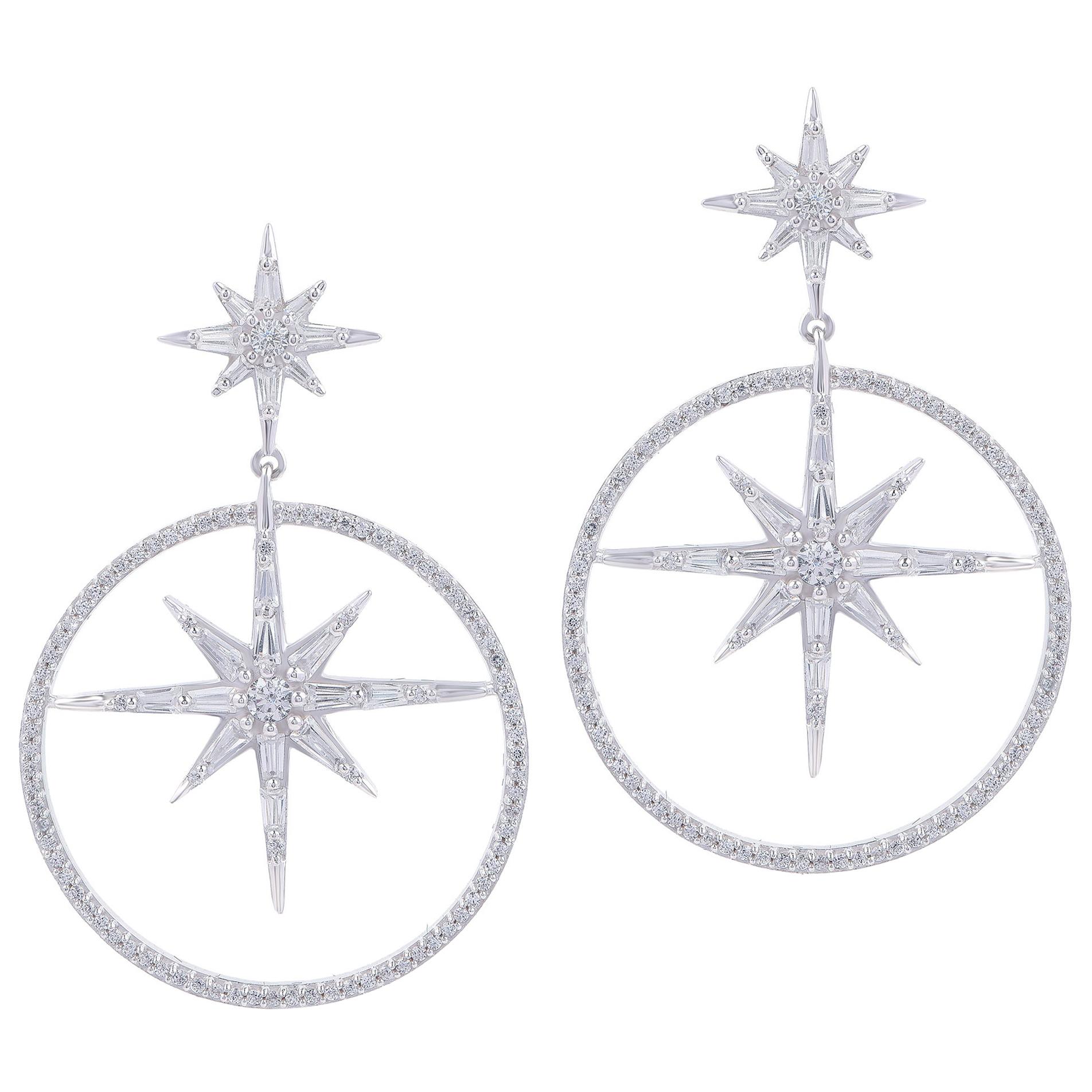 TJD 1.50 Carat Round and Baguette Diamond 18KT White Gold Bursting Star Earrings