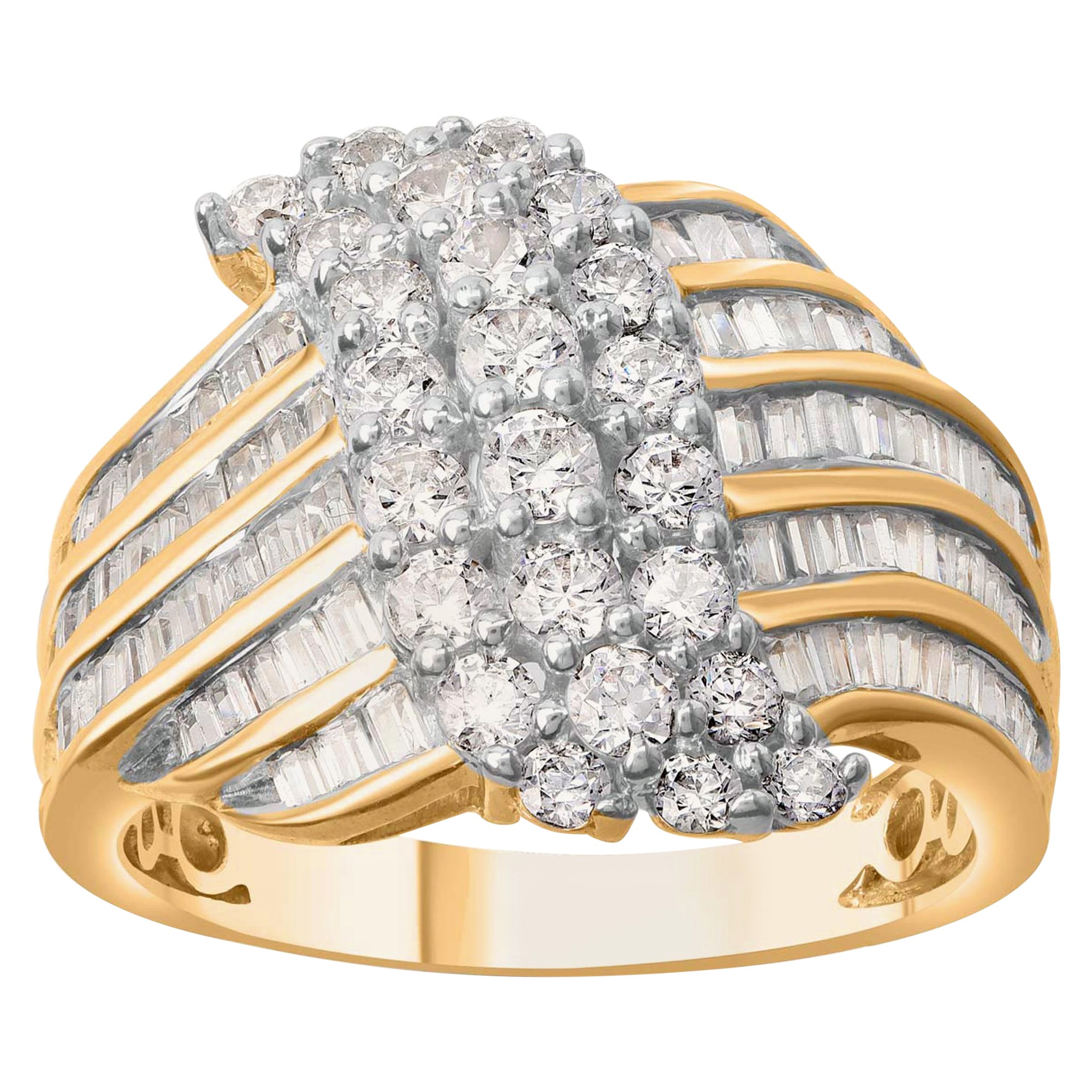 TJD 1.50 Carat Round and Baguette Diamond 18KT Yellow Gold Multi Row Wave Ring