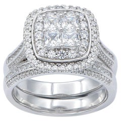 TJD 1.50 Carat Round and Princess Cut 14KT White Gold Halo Stackable Bridal Set
