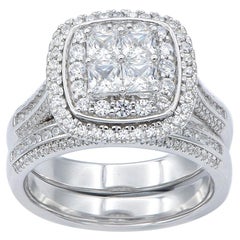 TJD 1.50 Carat Round and Princesse Cut 14KT White Gold Halo Stackable Bridal Set