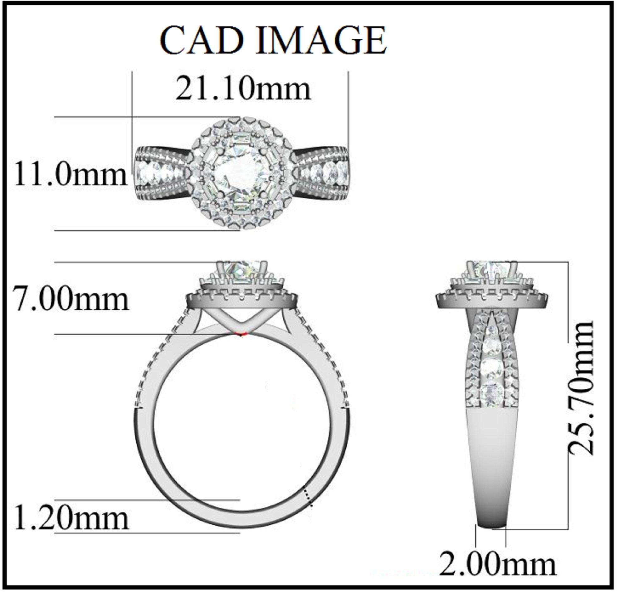 Simply stunning engagement ring features 0.65 ct center stone and 0.85 ct of round baguette-cut double diamond frame and split shank lined diamonds. This ring is handcrafted in 18 kt white gold and embellished with 77 brilliant round and 6