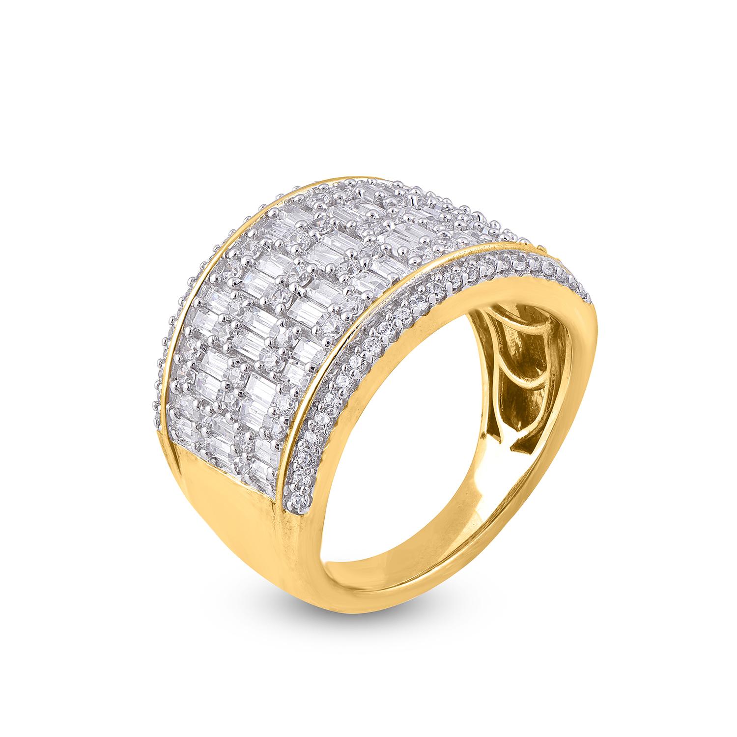 Modern TJD 1.50 Carat Round & Baguette Diamond Wide Band Ring in 18KT Yellow Gold For Sale