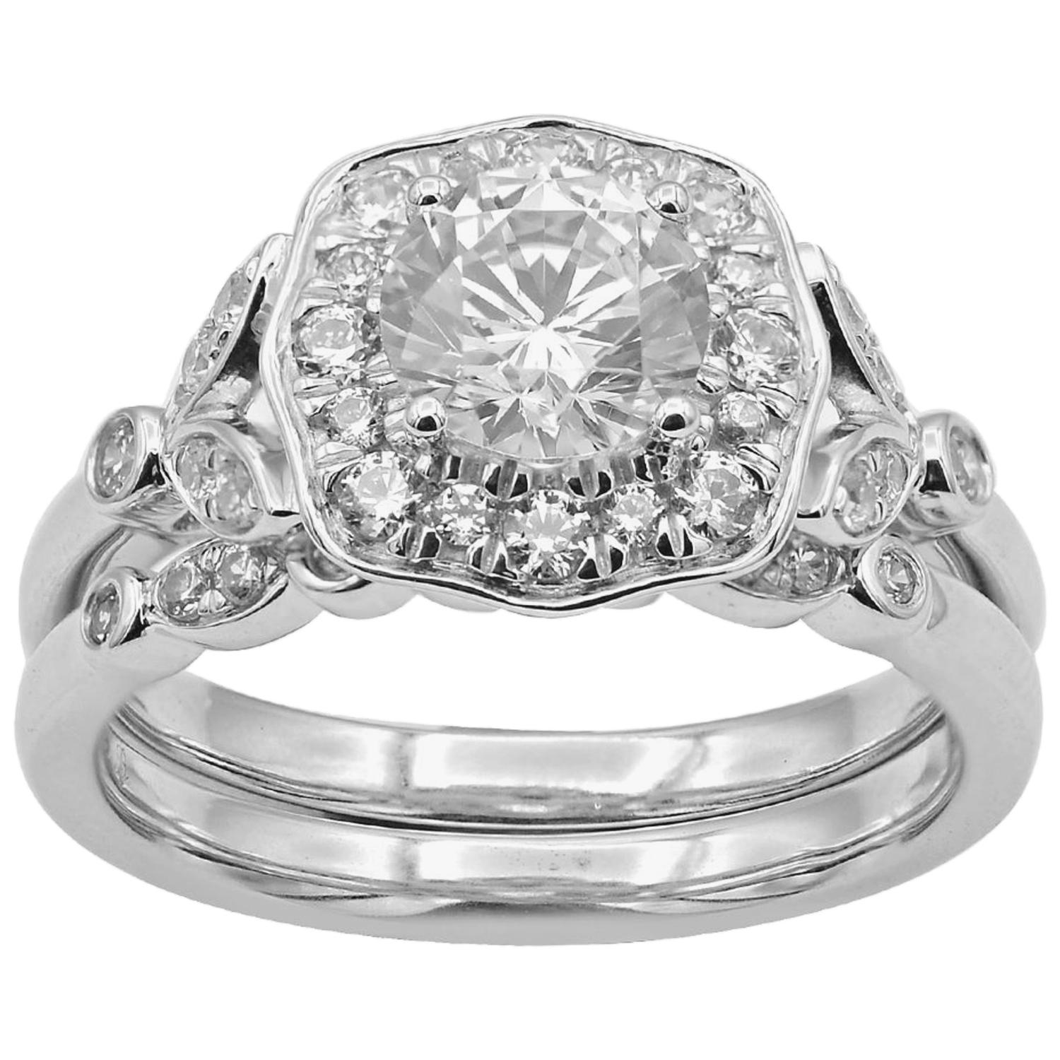TJD 1.50 Carat Round Diamond 18 Karat White Gold Halo Bridal Ring Set For Sale