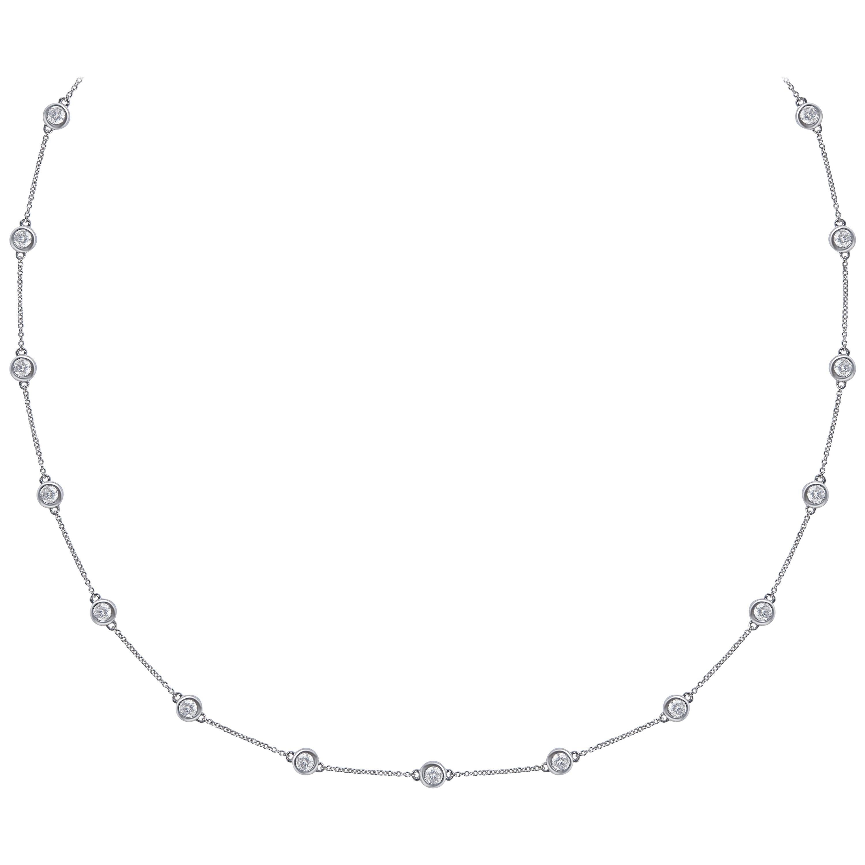 TJD 1.50 Carat Round Diamond 14 Karat White Gold Bezel Set Station Necklace