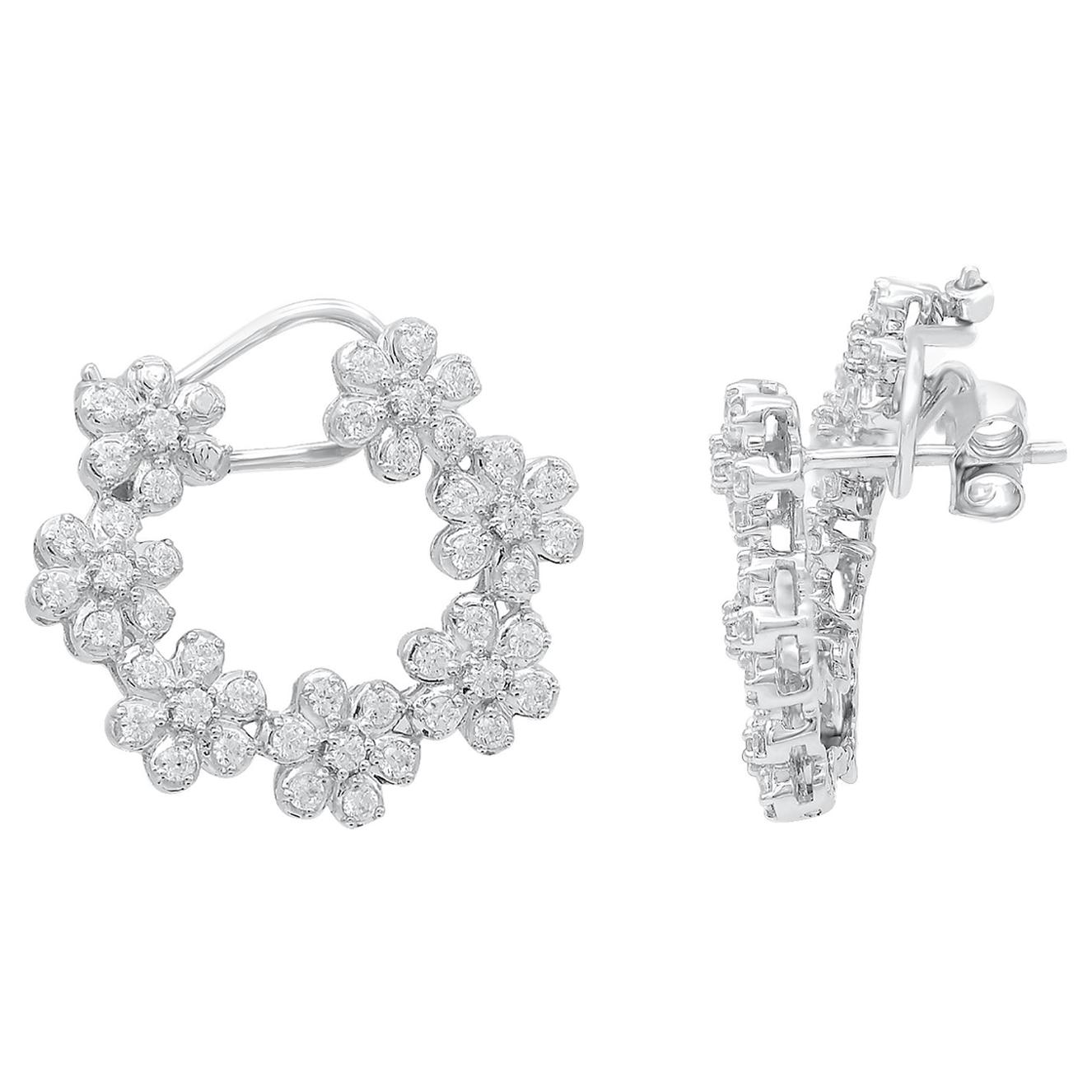 TJD 1.50 Carat Round Diamond 14 Karat White Gold Floral Design Fashion Earrings For Sale