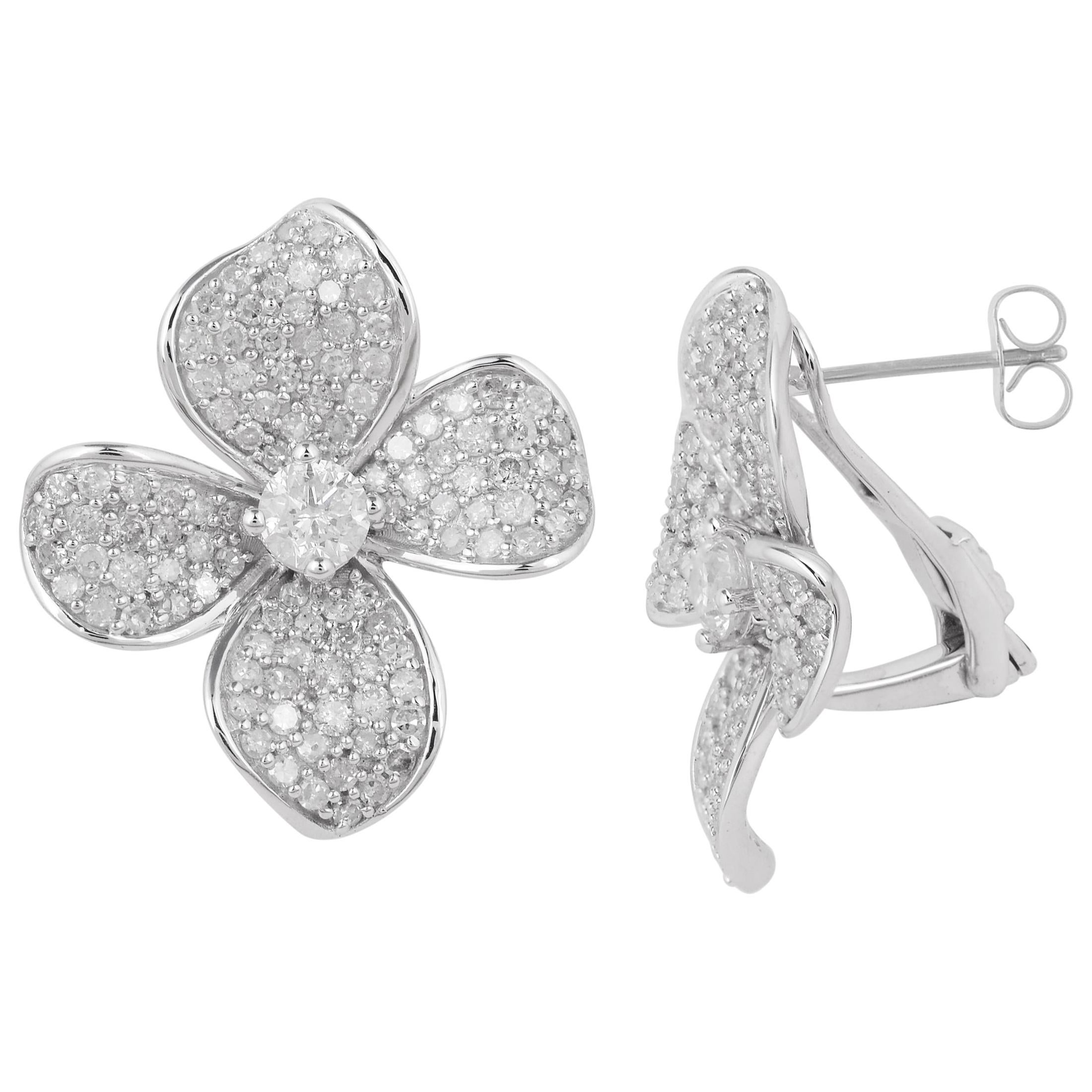 TJD 1.50 Carat Round Diamond 14 Karat White Gold Flower Petals Stud Earrings