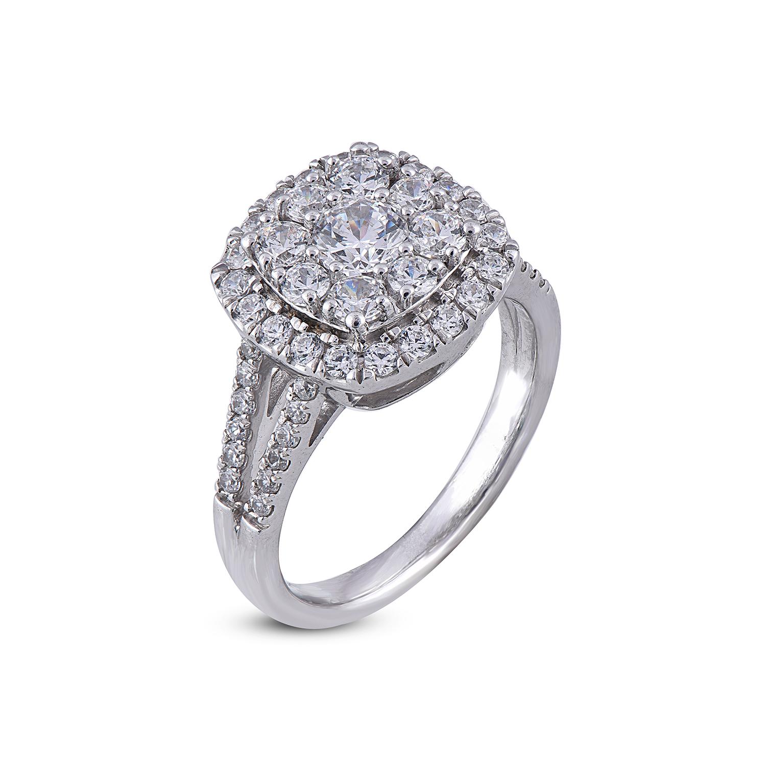 Just her style, these sparkling diamond engagement ring are certain to dazzle and delight. Handcrafted by our experts in 14 karat white gold and studded with 53 round diamond set in prong and Pressure setting, glitters in HI color I2 clarity.