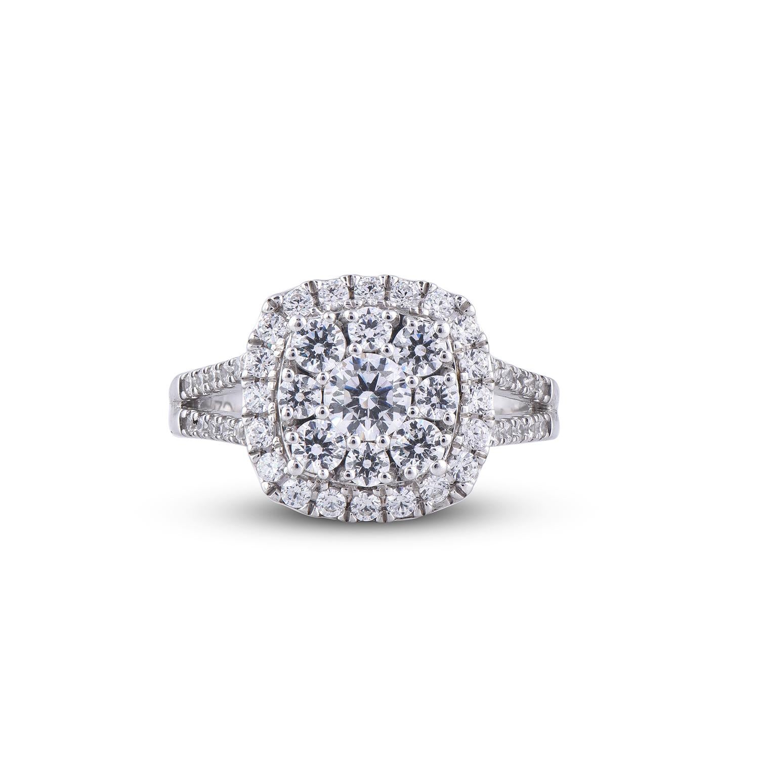 Taille ronde Bague de fiançailles de mariage en or blanc 14 carats avec halo de diamants ronds de 1,50 carat TJD en vente