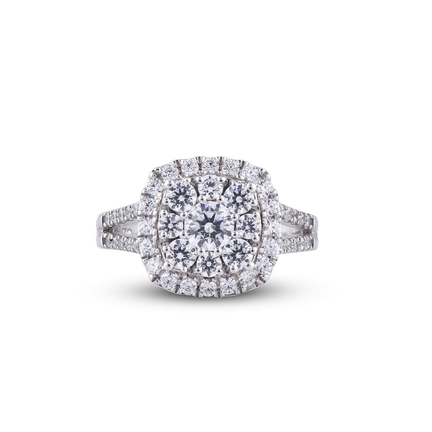 Art Deco TJD 1.50 Carat Round Diamond 14 Karat White Gold Halo Engagement Bridal Ring For Sale