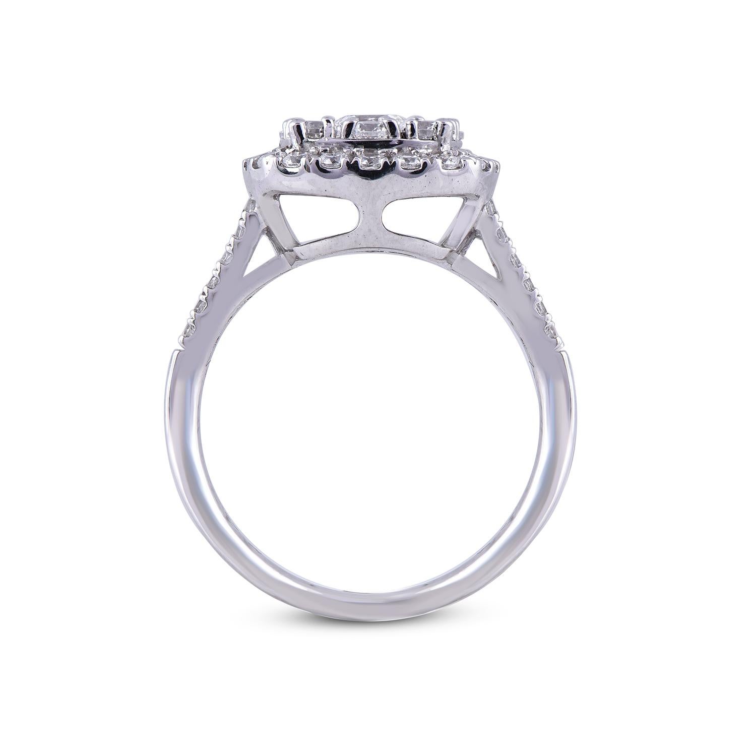 TJD 1.50 Carat Round Diamond 14 Karat White Gold Halo Engagement Bridal Ring In New Condition For Sale In New York, NY