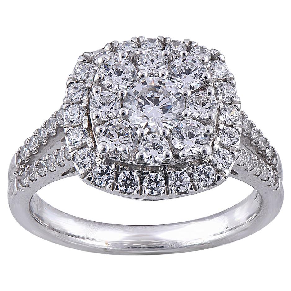 TJD 1.50 Carat Round Diamond 14 Karat White Gold Halo Engagement Bridal Ring For Sale