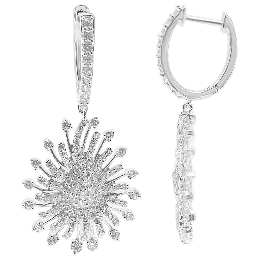 TJD 1.50 Carat Round Diamond 14K White Gold Pear Shaped Sunburst Drop Earrings For Sale
