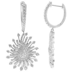 TJD 1.50 Carat Round Diamond 14K White Gold Pear Shaped Sunburst Drop Earrings