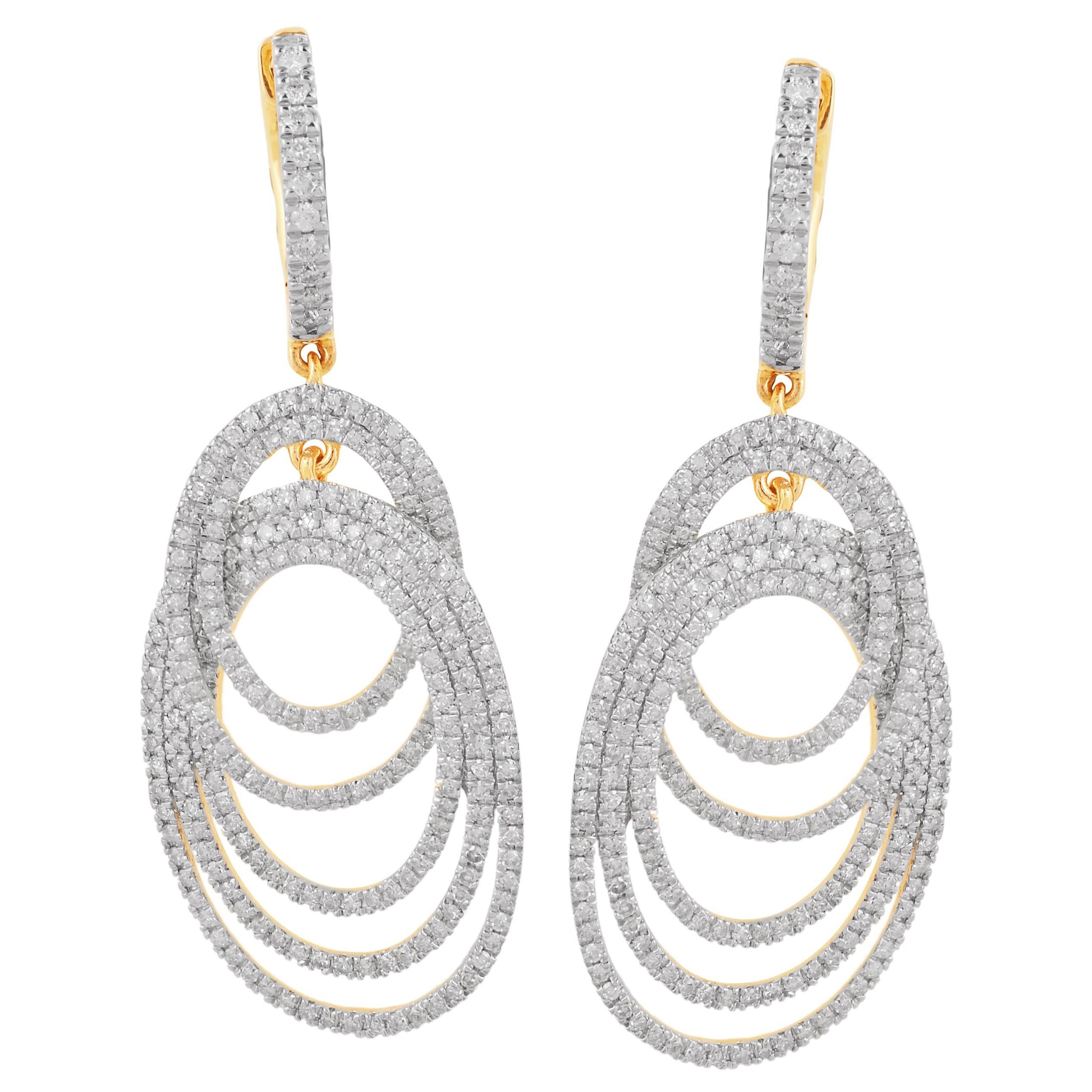 TJD 1.50 Carat Round Diamond 14K Yellow Gold Oval Chandelier Dangling Earrings For Sale