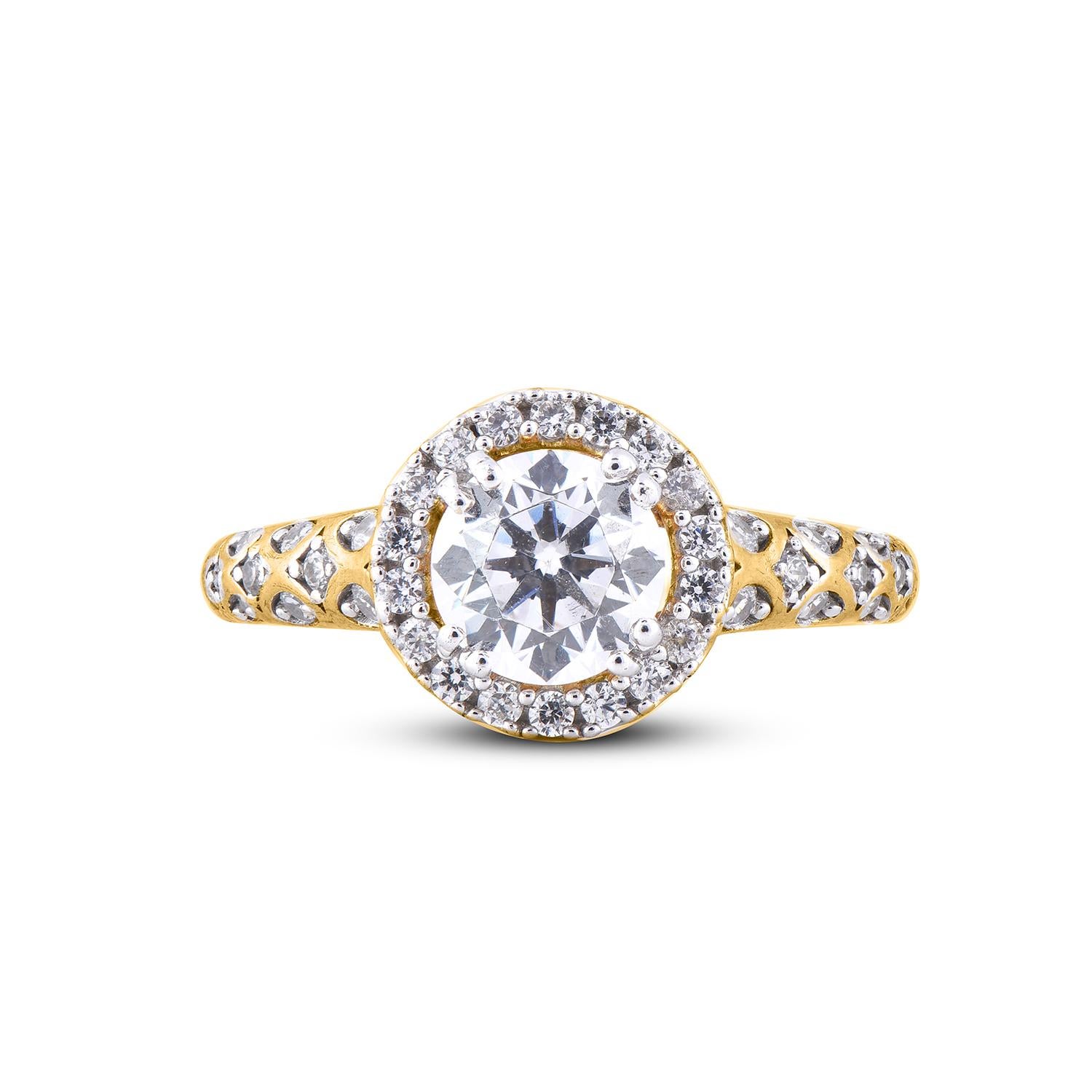 Round Cut TJD 1.50 Carat Round Diamond 18 Karat Yellow Gold Halo Engagement Wedding Ring For Sale