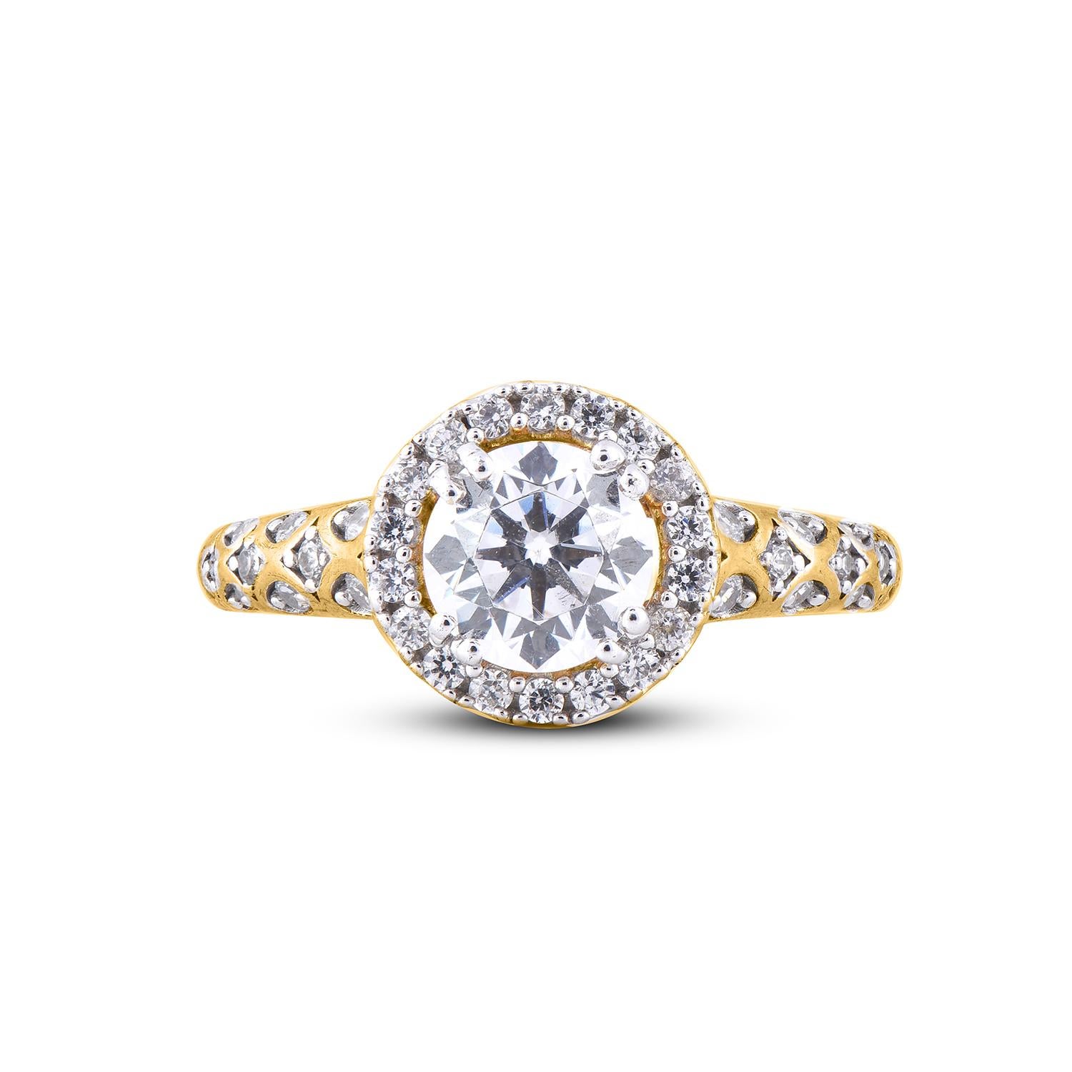 Taille ronde Bague de fiançailles halo en or jaune 18 carats avec diamants ronds de 1,50 carat TJD en vente