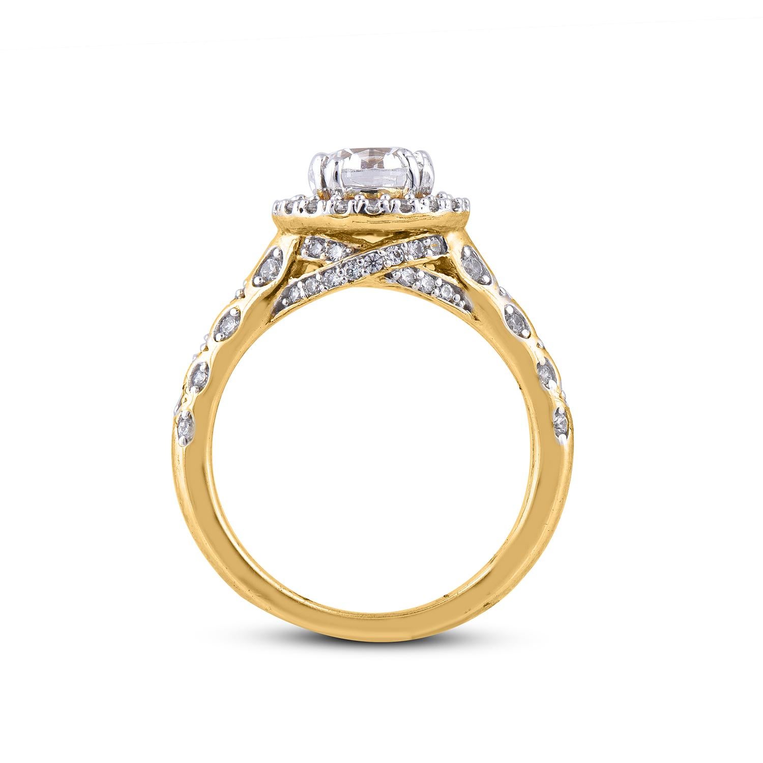 Women's TJD 1.50 Carat Round Diamond 18 Karat Yellow Gold Halo Engagement Wedding Ring For Sale