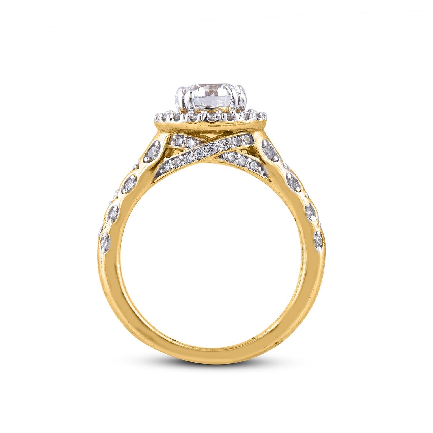 Bague de fiançailles halo en or jaune 18 carats avec diamants ronds de 1,50 carat TJD Pour femmes en vente