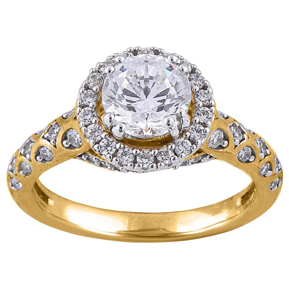 TJD 1.50 Carat Round Diamond 18 Karat Yellow Gold Halo Engagement Wedding Ring For Sale