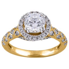 TJD 1.50 Carat Round Diamond 18 Karat Yellow Gold Halo Engagement Wedding Ring