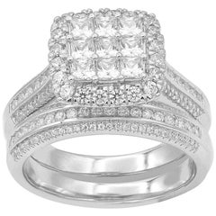 TJD 1.50 Carat Round & Princess Cut Diamond 14K White Gold Stackable Bridal Set