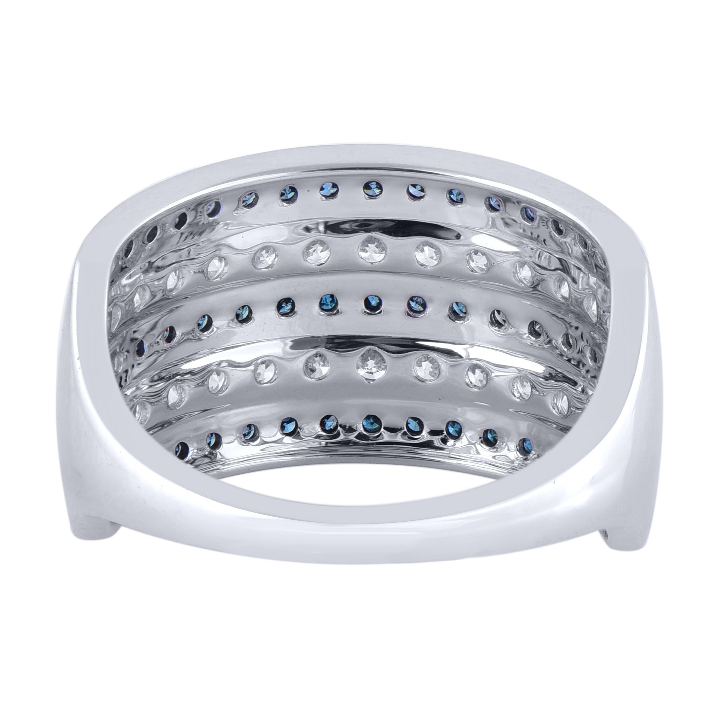 Modern TJD 1.50 Carat White & Blue Treated Diamond 14 Karat White Gold Wide Band Ring For Sale
