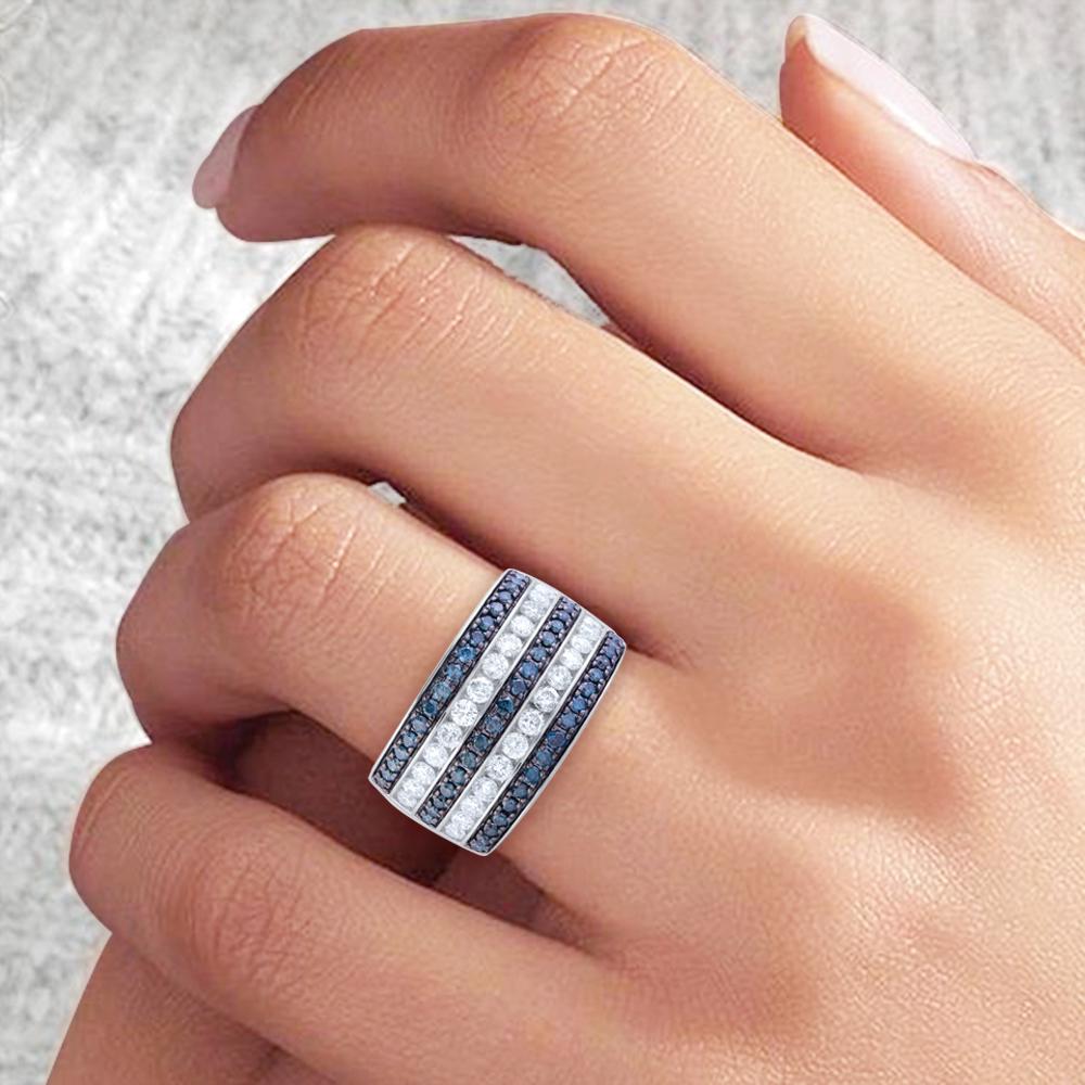 Round Cut TJD 1.50 Carat White & Blue Treated Diamond 14 Karat White Gold Wide Band Ring For Sale