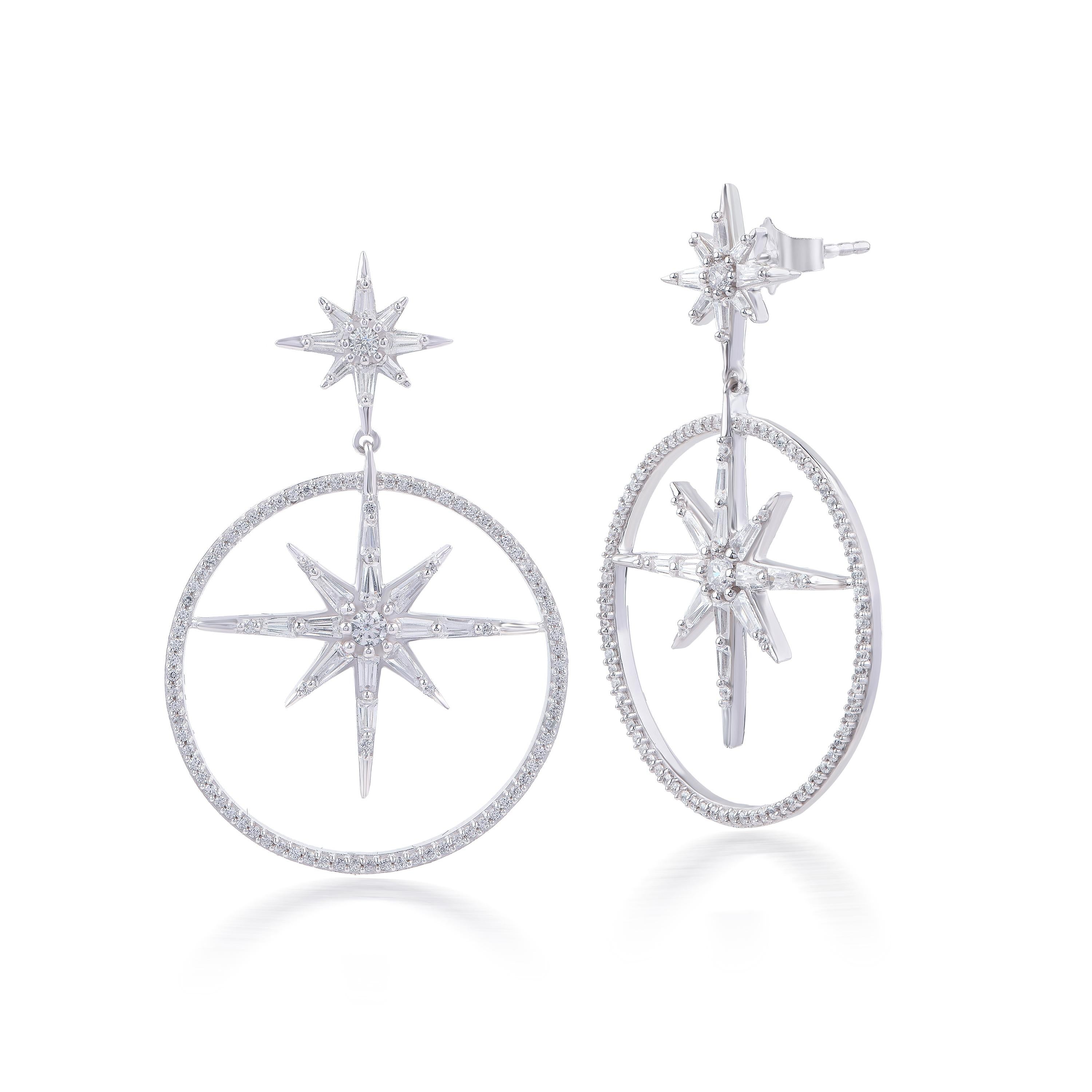 Contemporary TJD 1.50 Carat Round and Baguette Diamond 18 K White Gold Bursting Star Earrings For Sale