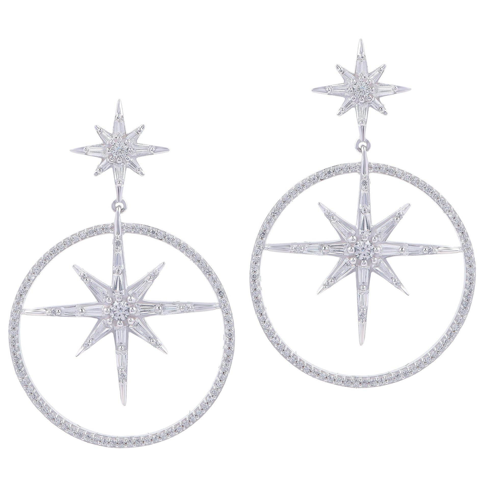 TJD 1.50 Carat Round and Baguette Diamond 18 K White Gold Bursting Star Earrings For Sale