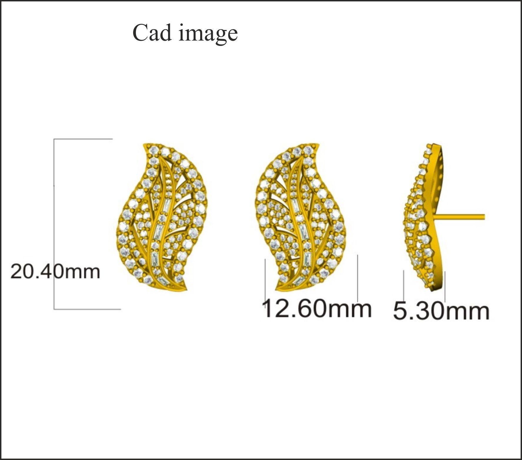 Taglio rotondo TJD 1,50 carati di diamanti rotondi e baguette in oro giallo 14 carati, orecchini a forma di foglia in vendita