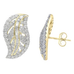 TJD 1.50 Ct Round & Baguette Diamond 14K Yellow Gold Leaf Shaped Stud Earrings