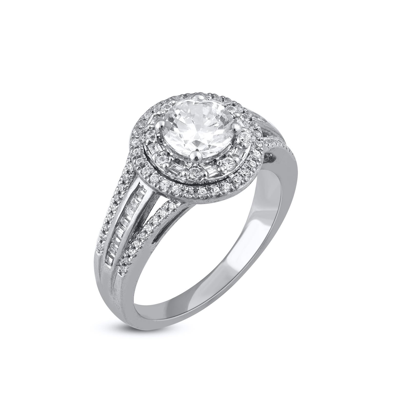 This immaculate double halo engagement ring combines sparkling style with delicate femininity from the twisted split shank. The twists give the ring a ribbon-like effect that is ladylike and reminiscent of a bow this ring is expertly crafted in 18