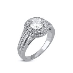 TJD 1.50 Ct Round & Baguette Diamond 18 Karat White Gold Double Frame Halo Ring
