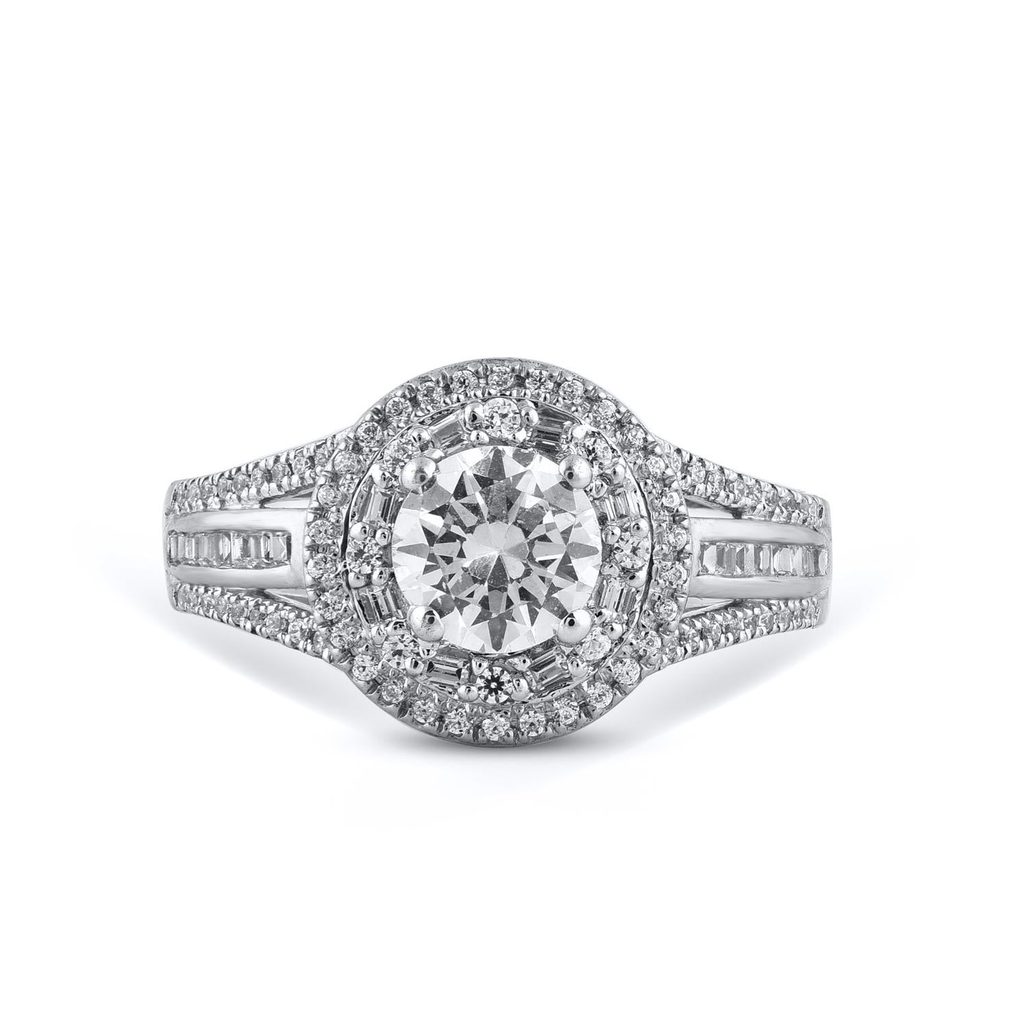 Contemporary TJD 1.50 Ct Round & Baguette Diamond 18 Karat White Gold Double Frame Halo Ring For Sale