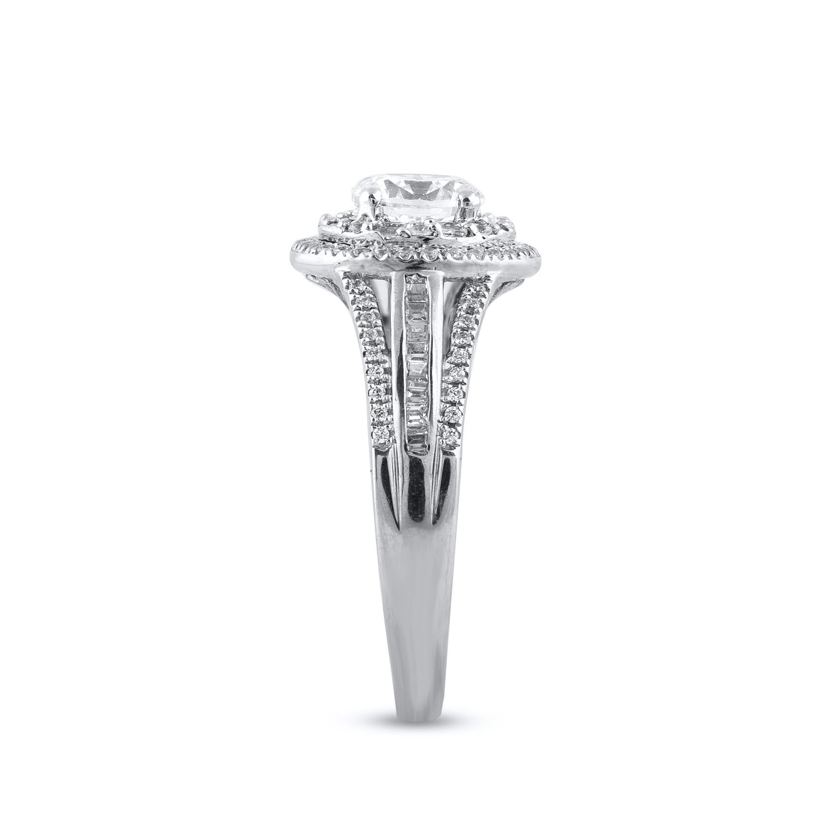 Round Cut TJD 1.50 Ct Round & Baguette Diamond 18 Karat White Gold Double Frame Halo Ring For Sale