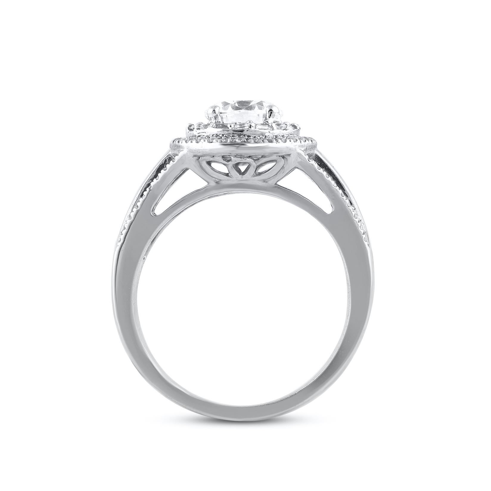 TJD 1.50 Ct Round & Baguette Diamond 18 Karat White Gold Double Frame Halo Ring In New Condition For Sale In New York, NY