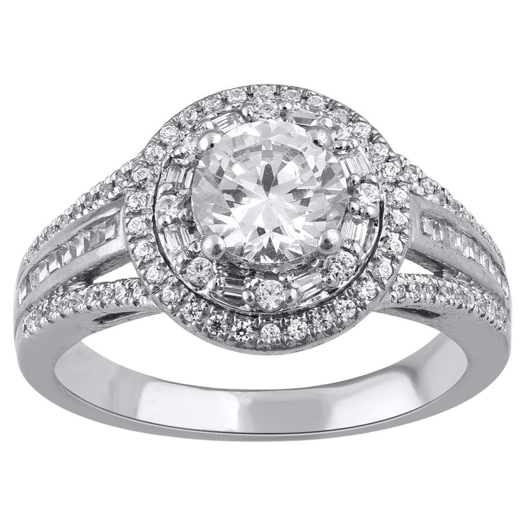 TJD 1.50 Ct Round & Baguette Diamond 18 Karat White Gold Double Frame Halo Ring